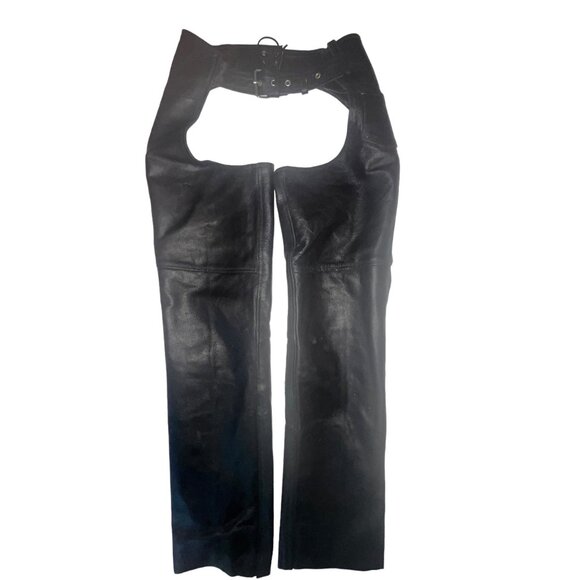 Adult S Black Leather Motorcycle Riding Chaps Adjustable Belt Snap Closure 30-34 - Picture 2 of 14